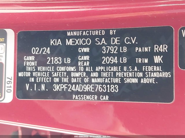 Aukcja sprzedaży 2024 Kia Forte Lxs, vin: 3KPF24AD9RE763183, numer aukcji: 45682930