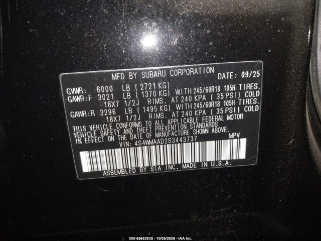 2025 Subaru Ascent Premium 8-passenger მანქანა იყიდება აუქციონზე, vin: 4S4WMAAD2S3443737, აუქციონის ნომერი: 45682938