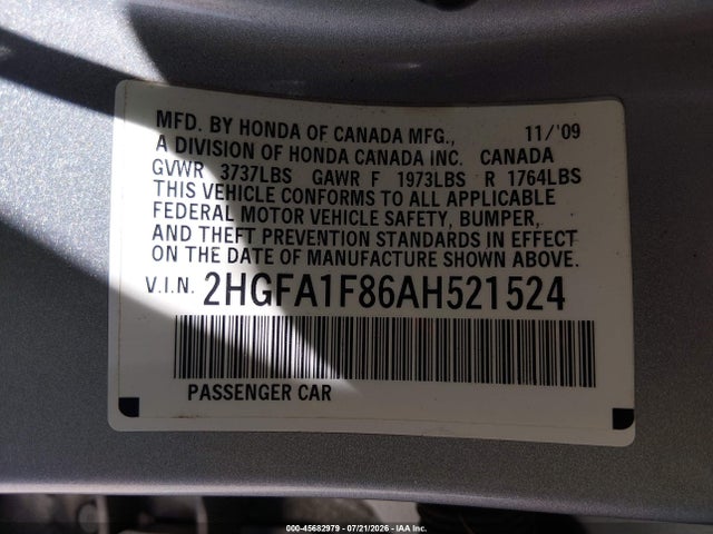 45682979 :رقم المزاد ، 2HGFA1F86AH521524 vin ، 2010 Honda Civic Ex مزاد بيع