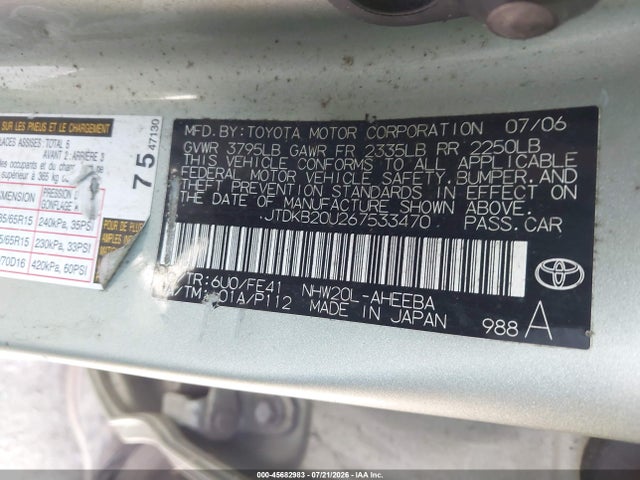 Aukcja sprzedaży 2006 Toyota Prius, vin: JTDKB20U267533470, numer aukcji: 45682983