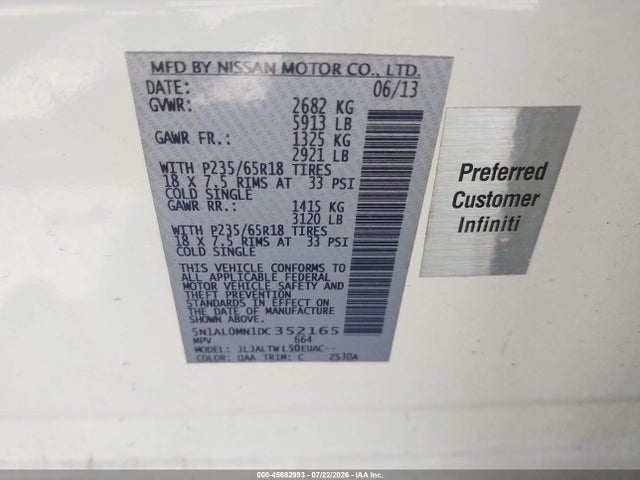 Продаж на аукціоні авто 2013 Infiniti Jx35, vin: 5N1AL0MN1DC352165, номер лоту: 45682993