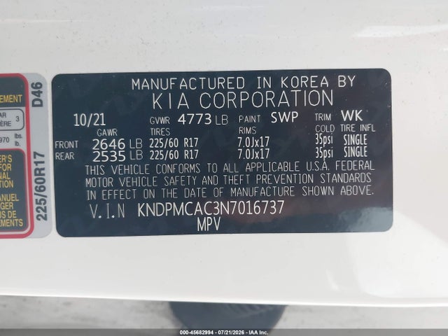 Продажа на аукционе авто 2022 Kia Sportage Lx, vin: KNDPMCAC3N7016737, номер лота: 45682994