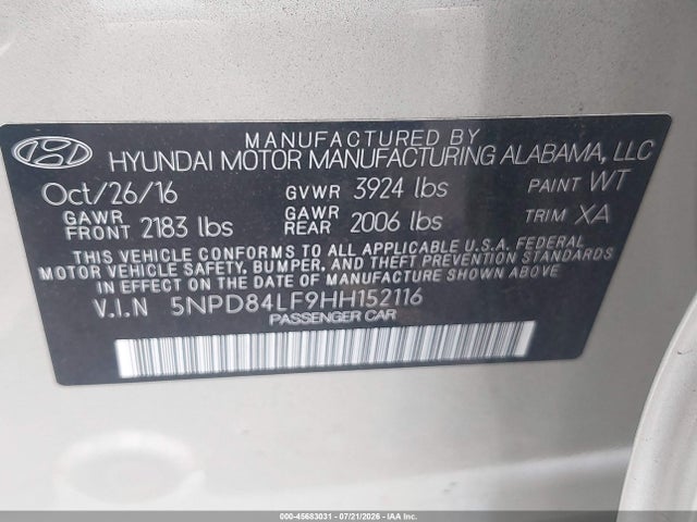 2017 Hyundai Elantra Se მანქანა იყიდება აუქციონზე, vin: 5NPD84LF9HH152116, აუქციონის ნომერი: 45683031