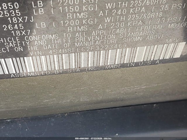 Subaru Outback 3.6r Limited 2015 4S4BSELC2F3223469 Image 9