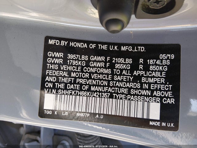 Honda CIVIC EX 2019 SHHFK7H66KU421357 Image 9