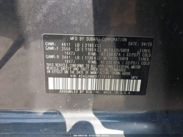 45683106 :رقم المزاد ، 4S4GUHM69S3747481 vin ، 2025 Subaru Crosstrek Limited مزاد بيع