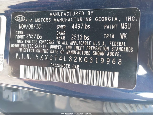 Aukcja sprzedaży 2019 Kia Optima Lx, vin: 5XXGT4L32KG319968, numer aukcji: 45683107