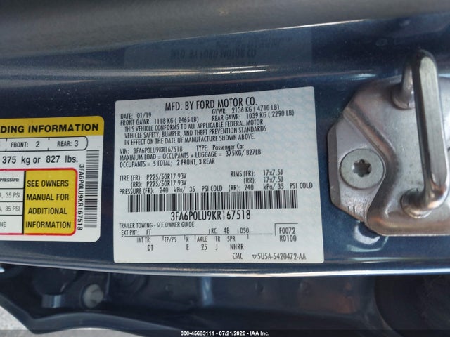 Aukcja sprzedaży 2019 Ford Fusion Hybrid Se, vin: 3FA6P0LU9KR167518, numer aukcji: 45683111