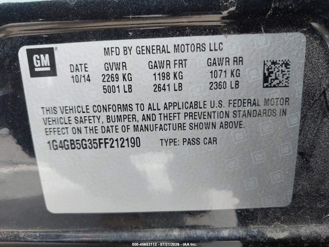 2015 Buick Lacrosse Leather მანქანა იყიდება აუქციონზე, vin: 1G4GB5G35FF212190, აუქციონის ნომერი: 45683112