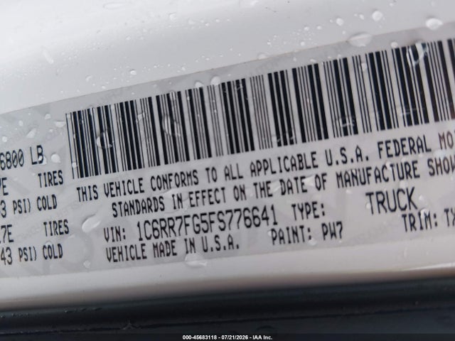 45683118 :رقم المزاد ، 1C6RR7FG5FS776641 vin ، 2015 Ram 1500 Tradesman مزاد بيع
