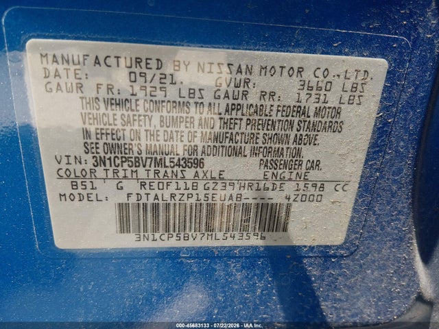 Aukcja sprzedaży 2021 Nissan Kicks S Xtronic Cvt, vin: 3N1CP5BV7ML543596, numer aukcji: 45683133