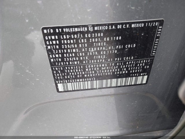 2021 Volkswagen Tiguan 2.0t Se/2.0t Se R-line Black/2.0t Sel მანქანა იყიდება აუქციონზე, vin: 3VV2B7AX3MM040813, აუქციონის ნომერი: 45683140