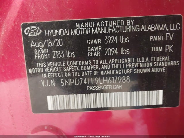 Продажа на аукционе авто 2020 Hyundai Elantra Se, vin: 5NPD74LF9LH617988, номер лота: 45683147