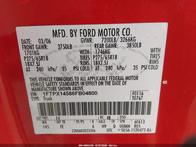 Auction sale of the 2006 Ford F-150 Fx4/lariat/xl/xlt, vin: 1FTPX14586FB04800, lot number: 45683185