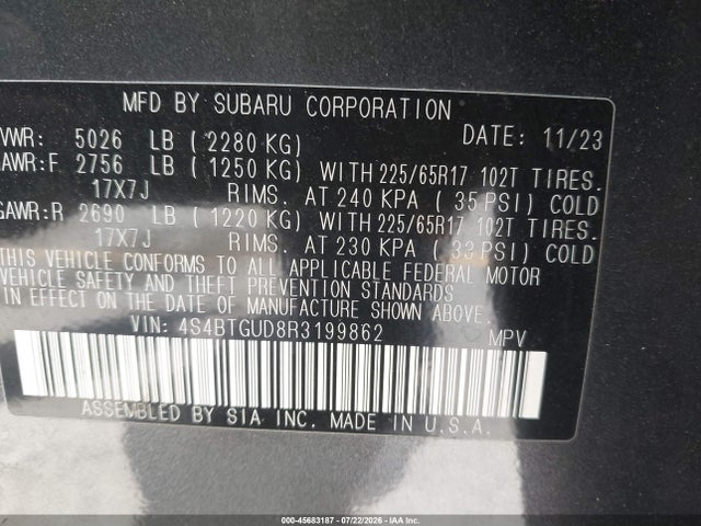 2024 Subaru Outback Wilderness მანქანა იყიდება აუქციონზე, vin: 4S4BTGUD8R3199862, აუქციონის ნომერი: 45683187