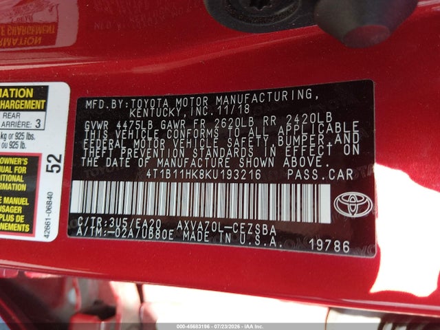 Toyota CAMRY SE 2019 4T1B11HK8KU193216 Image 9