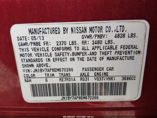 Aukcja sprzedaży 2014 Infiniti Q50 Sport, vin: JN1BV7AP8EM670266, numer aukcji: 45683202
