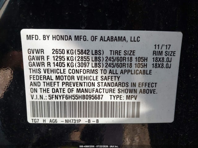 2017 Honda Pilot Ex-l მანქანა იყიდება აუქციონზე, vin: 5FNYF6H55HB095687, აუქციონის ნომერი: 45683205