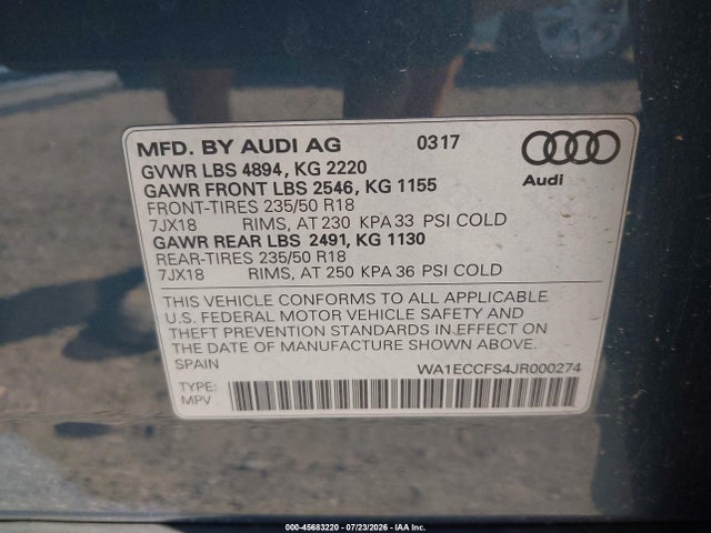 45683220 :رقم المزاد ، WA1ECCFS4JR000274 vin ، 2018 Audi Q3 2.0t Premium/2.0t Sport Premium مزاد بيع