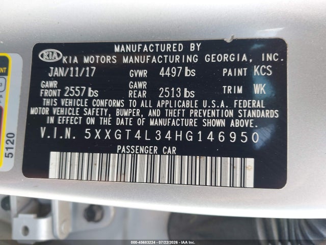 45683224 :رقم المزاد ، 5XXGT4L34HG146950 vin ، 2017 Kia Optima Lx مزاد بيع