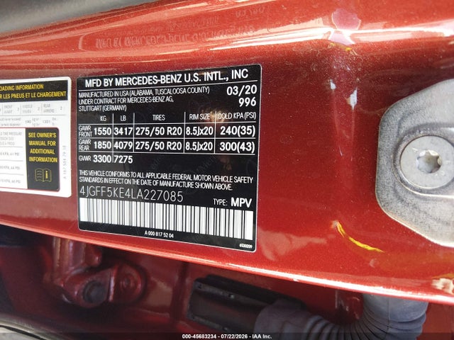 Aukcja sprzedaży 2020 Mercedes-benz Gls 450 4matic, vin: 4JGFF5KE4LA227085, numer aukcji: 45683234