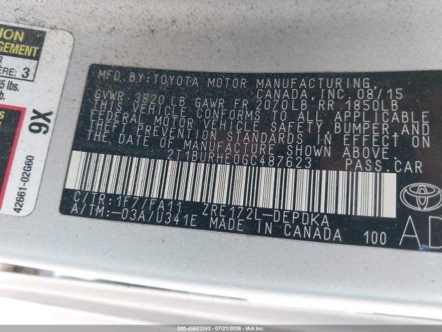 45683243 :رقم المزاد ، 2T1BURHE0GC487623 vin ، 2016 Toyota Corolla L مزاد بيع