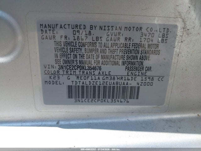 45683252 :رقم المزاد ، 3N1CE2CP0KL354676 vin ، 2019 Nissan Versa Note Sv مزاد بيع