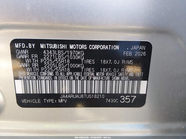 2026 Mitsubishi Outlander Sport 2.0 Es/2.0 Le/2.0 Ralliart/2.0 S/2.0 Se/2.0 Trail Edition მანქანა იყიდება აუქციონზე, vin: JA4ARUAU8TU018210, აუქციონის ნომერი: 45683259