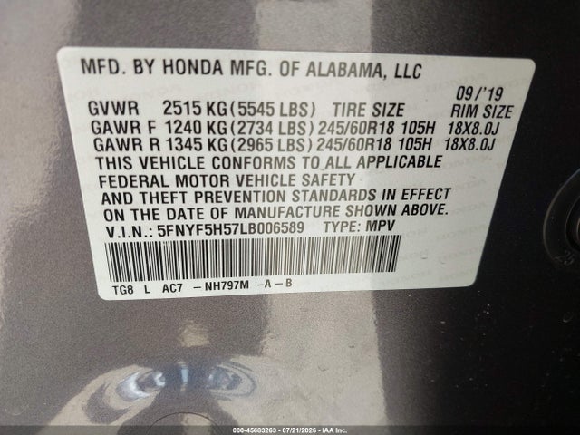 2020 Honda Pilot 2wd Ex-l მანქანა იყიდება აუქციონზე, vin: 5FNYF5H57LB006589, აუქციონის ნომერი: 45683263