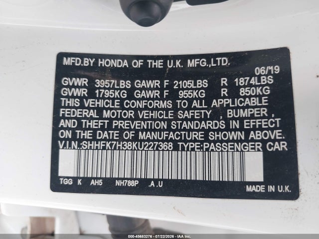 Honda Civic Lx 2019 SHHFK7H38KU227368 Image 9