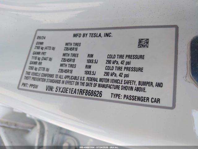 Aukcja sprzedaży 2024 Tesla Model 3 Long Range Dual Motor All-wheel Drive/rear-wheel Drive, vin: 5YJ3E1EA1RF868626, numer aukcji: 45683304
