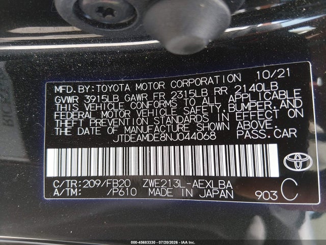 JTDEAMDE8NJ044068 Toyota Corolla Hybrid Le