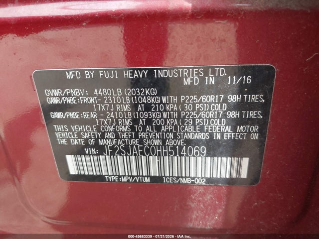Продажа на аукционе авто 2017 Subaru Forester 2.5i Premium, vin: JF2SJAEC0HH514069, номер лота: 45683339