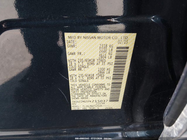 Nissan MURANO SL 2015 5N1AZ2MG5FN215037 Image 9