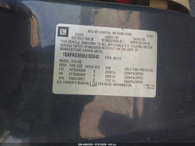 Продаж на аукціоні авто 2008 Gmc Yukon Denali, vin: 1GKFK63898J103842, номер лоту: 45683353