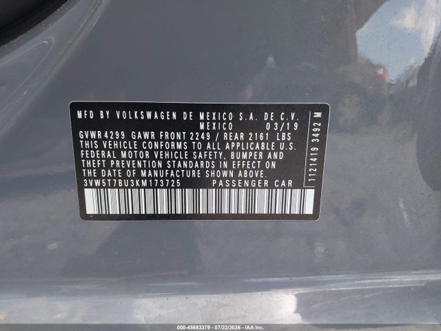 45683379 :رقم المزاد ، 3VW5T7BU3KM173725 vin ، 2019 Volkswagen Jetta Gli 2.0t 35th Anniversary Edition/2.0t Autobahn/2.0t S مزاد بيع