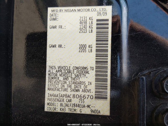 Продажа на аукционе авто 2010 Nissan Maxima 3.5 Sv, vin: 1N4AA5AP8AC806670, номер лота: 45683387