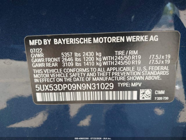 Aukcja sprzedaży 2022 Bmw X3 Xdrive30i, vin: 5UX53DP09N9N31029, numer aukcji: 45683388