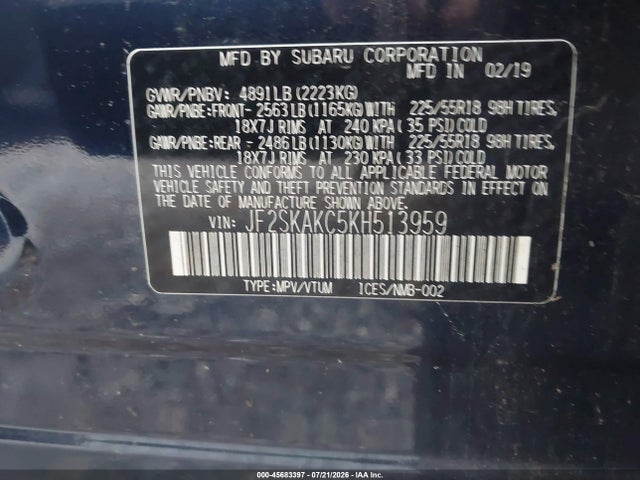 2019 Subaru Forester Sport მანქანა იყიდება აუქციონზე, vin: JF2SKAKC5KH513959, აუქციონის ნომერი: 45683397