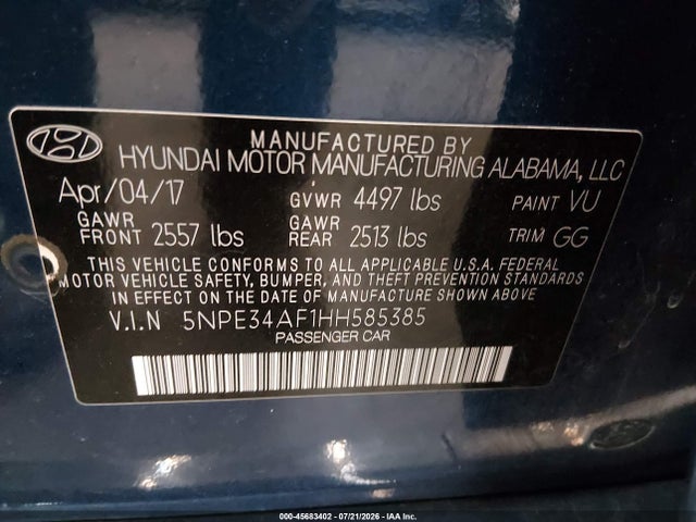 Aukcja sprzedaży 2017 Hyundai Sonata Sport, vin: 5NPE34AF1HH585385, numer aukcji: 45683402