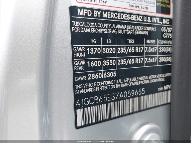 45683403 :رقم المزاد ، 4JGCB65E37A059655 vin ، 2007 Mercedes-benz R 350 4matic مزاد بيع