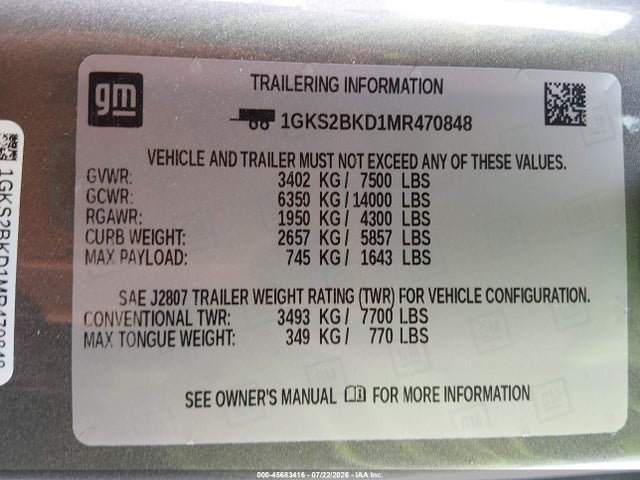 2021 Gmc Yukon 4wd Slt მანქანა იყიდება აუქციონზე, vin: 1GKS2BKD1MR470848, აუქციონის ნომერი: 45683416
