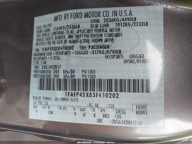 Auction sale of the 2003 Ford Mustang Gt, vin: 1FAFP45X83F410202, lot number: 45683420