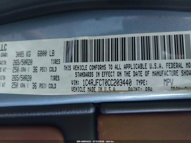 Aukcja sprzedaży 2012 Jeep Grand Cherokee Overland, vin: 1C4RJFCT0CC203440, numer aukcji: 45683423