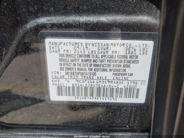45683438 :رقم المزاد ، 3N1AB7APXKY419195 vin ، 2019 Nissan Sentra Sv مزاد بيع