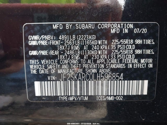 Продаж на аукціоні авто 2020 Subaru Forester Sport, vin: JF2SKARC0LH596854, номер лоту: 45683451