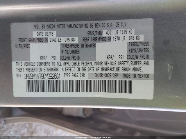 Продажа на аукционе авто 2016 Mazda Mazda3 I Touring, vin: 3MZBM1V79GM292681, номер лота: 45683453