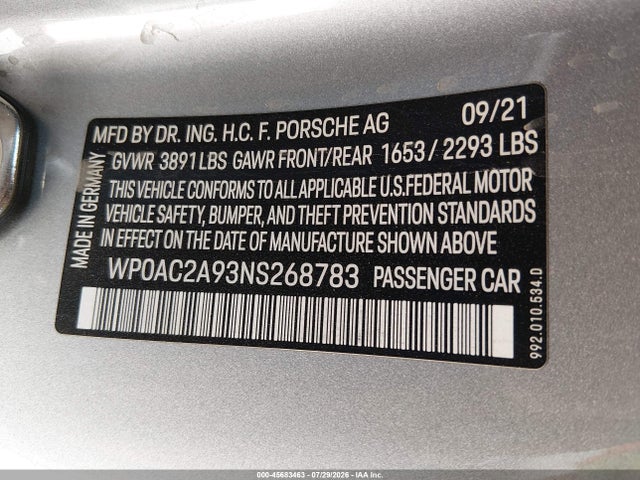 WP0AC2A93NS268783 Porsche 911 Gt3/gt3 W/touring Package