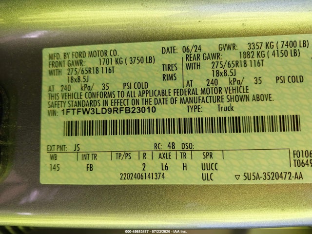 Aukcja sprzedaży 2024 Ford F-150 Xlt, vin: 1FTFW3LD9RFB23010, numer aukcji: 45683477