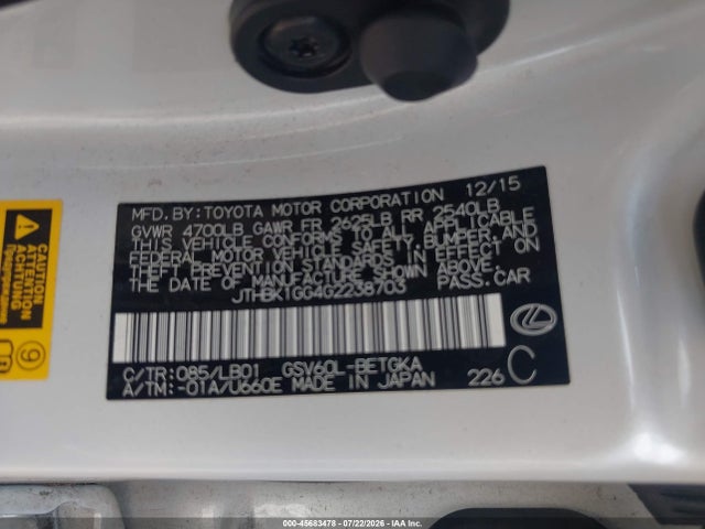45683478 :رقم المزاد ، JTHBK1GG4G2238703 vin ، 2016 Lexus Es 350 مزاد بيع